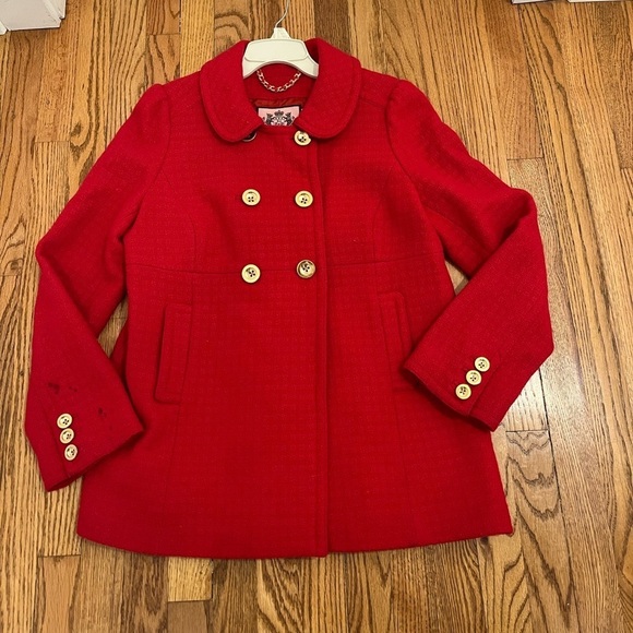 Juicy Couture Women Pea Coat Wool Blend Red God Button Double Breasted Size L - Picture 5 of 9